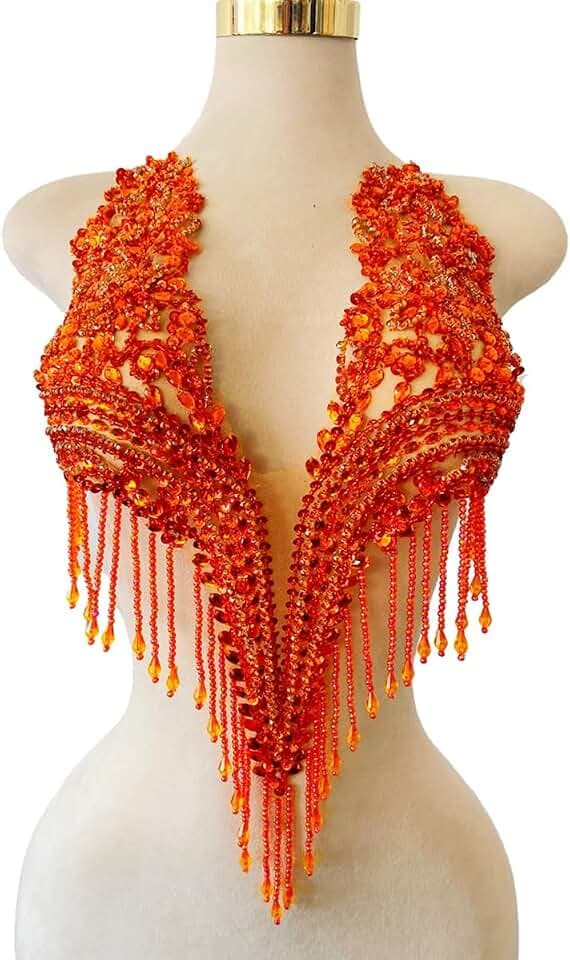 Handmade Long Beads Tassel Shiny Rhinestones Applique Dress DIY Accessories Luxury Decorative Patches (Orange)