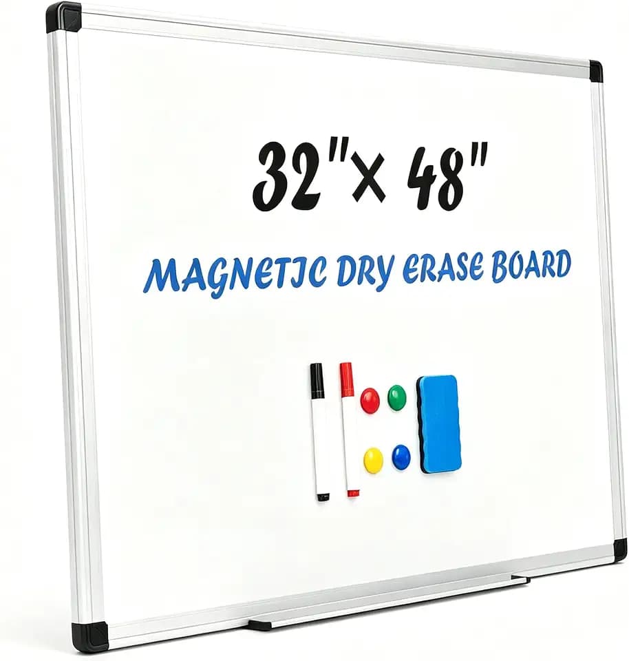 Simple Deluxe Magnetic White Board, 48" x 32" Dry Erase Board for wall with Reinforced Aluminum Frame, Wall Board for Office Classroom Home, Includes 1 Eraser, 2 Markers & 4 Magnets