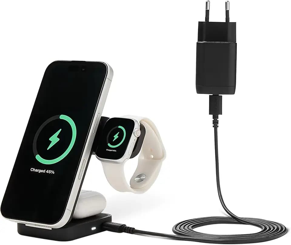 Amazon Basics MagSafe-Ladestation, Qi2.2-Zertifiziertes Kabelloses 3-in-1-Ladegerät, 25W, Faltbarer Ständer für iPhone 17/16/15/14/13/12, Apple Watch & AirPods, Inkl. 45W-Adapter, Schwarz
