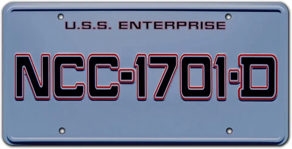 Celebrity Machines | USS Enterprise: The Next Generation | NCC-1701-D | Vanity Plate, Stamped Aluminum, Metal Decorative Tag, Corrosion Resistant, Quality Novelty Sign, Wall Decoration, Wall Hanging