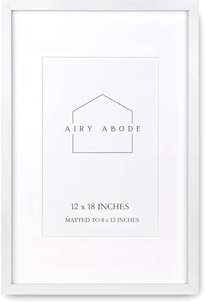 Airy Abode Premium White Wood Picture Frame 12x18 Matted to 8x12 - Pick Your Size and Color