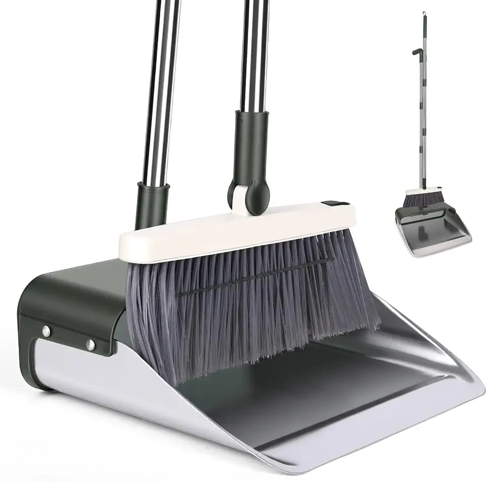 Broom with Dustpan Combo Set, Lightweight Standing Metal Dust Pan with Teeth, Home Essentials Suitable for Home Kitchen Lobby Room Office, Green