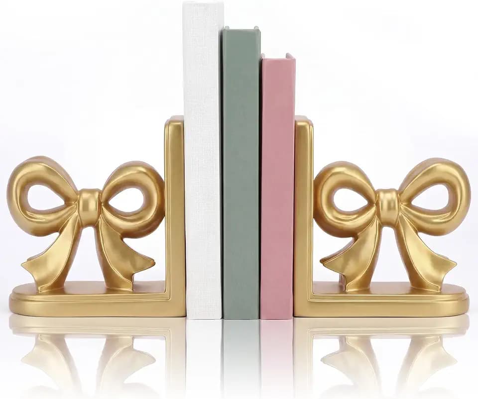 SiliFine 2 Pcs Gold Bow Bookends Cute Resin Bookends Heavy Duty