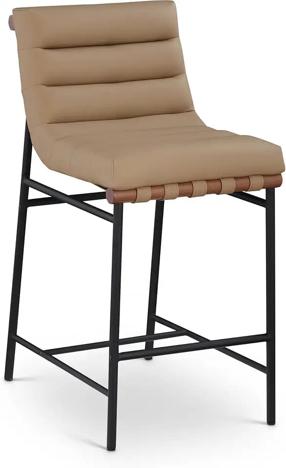 Meridian Furniture 813Tan-C Burke Collection Modern | Contemporary Counter Stool with Soft Vegan Leathe Including Straps, Matte Black Metal Frame, 18" W x 24" D x 37.5" H