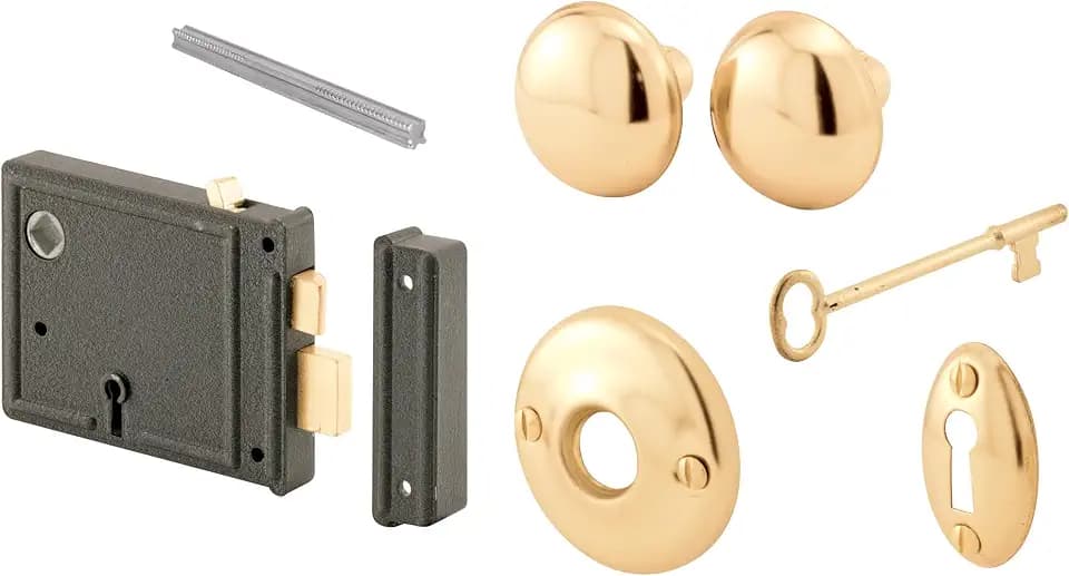 Prime-Line E 2478 Horizontal Trim Lock Set, 3-3/8 In. Backset, Black Housing w/Brass Plated Knobs (1 Set)