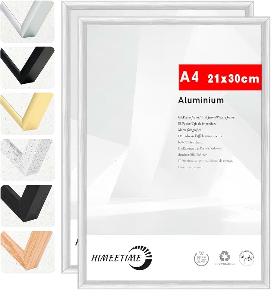 HIMEETIME® 2x Bilderrahmen A4 21x30 cm Silber Metall Rahmen,Dokumentenrahmen 21x29,7 cm Klein Collage,Metallrahmen Alu-Bilderrahmen Aluminium,Picture Frame A4 Fotorahmen