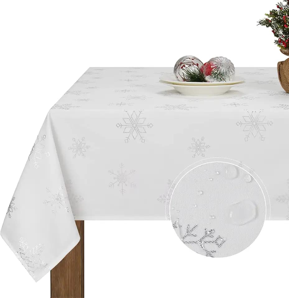 Christmas Tablecloth, Silver Snowflake Table Cloth, Xmas Tablecloths for Dining Kitchen Winter Holiday, Waterproof Table Cover for Party Home Decor, Sparkling White, Rectangle 57 x 120 inch