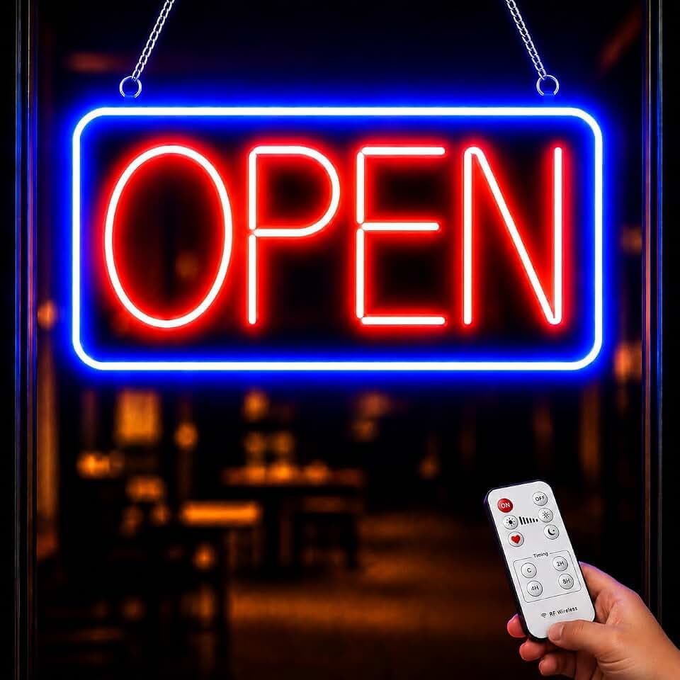 Neon Open Sign for Business, 17 x 9 Inch USB Powered LED Open Sign, with Remote Control and Countdown Timer Neon Open Signs, 2 Lighting Modes and Adjustable Brightness Business Signs for Storefront Window, Restaurant, Bar, Salon, Cafe, Retail Store
