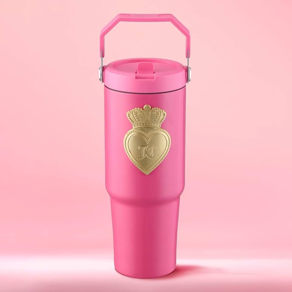 Juicy Couture 30oz Flip Flow Stainless Steel Tumbler With Flip Straw and Carry Handle, Hot Pink 3D Gold Logo
