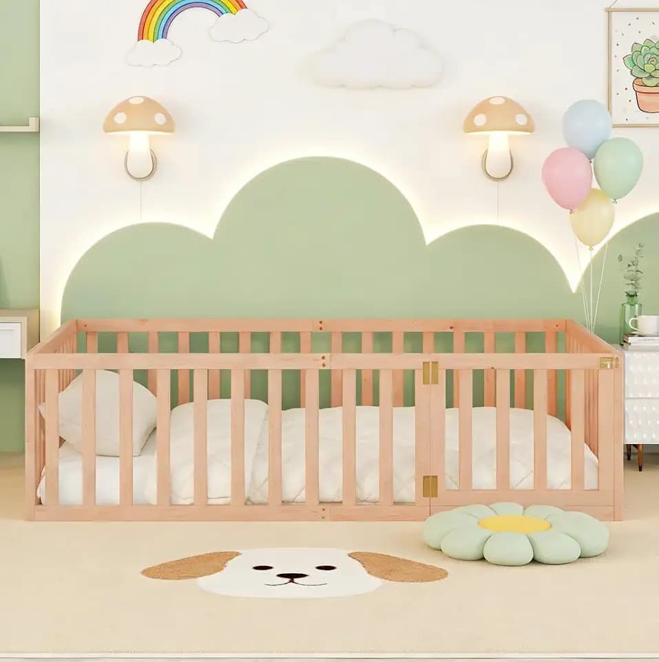 Bellemave Full Size Montessori Floor Bed with 21.7" High Rails, Pine,Plywood Floor Bed with Small Door, Natural