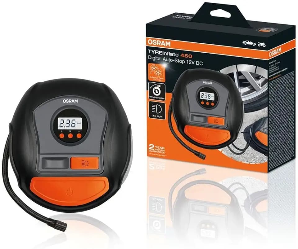 OSRAM TYREinflate 450, Digitale Reifenpumpe mit Auto-Stopp und LED Licht, tragbarer 12V Kompressor für Autoreifen, Stromanschluss via Zigarettenanzünder, Reifenbefüllung in 3,5 Minuten