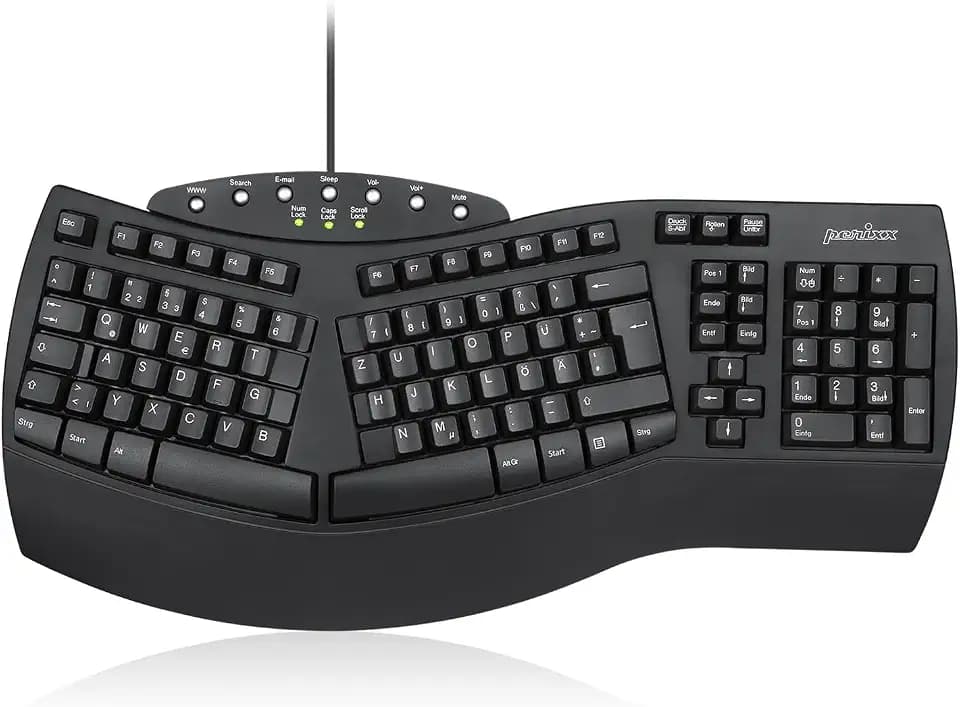 Perixx PERIBOARD-512 Ergonomische Tastatur - Geteiltes Tastenfeld - USB - Empfohlen bei Tennisarm -QWERTZ Deutsches Layout - Schwarz