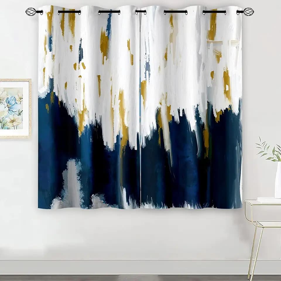 Navy Blue White Brown Grey Abstract Grommet Blackout Curtains 63 Inches Long, Oil Painting Style Print Ombre Window Drapes for Living Room Bedroom, 42" × 63", Set of 2 Panels
