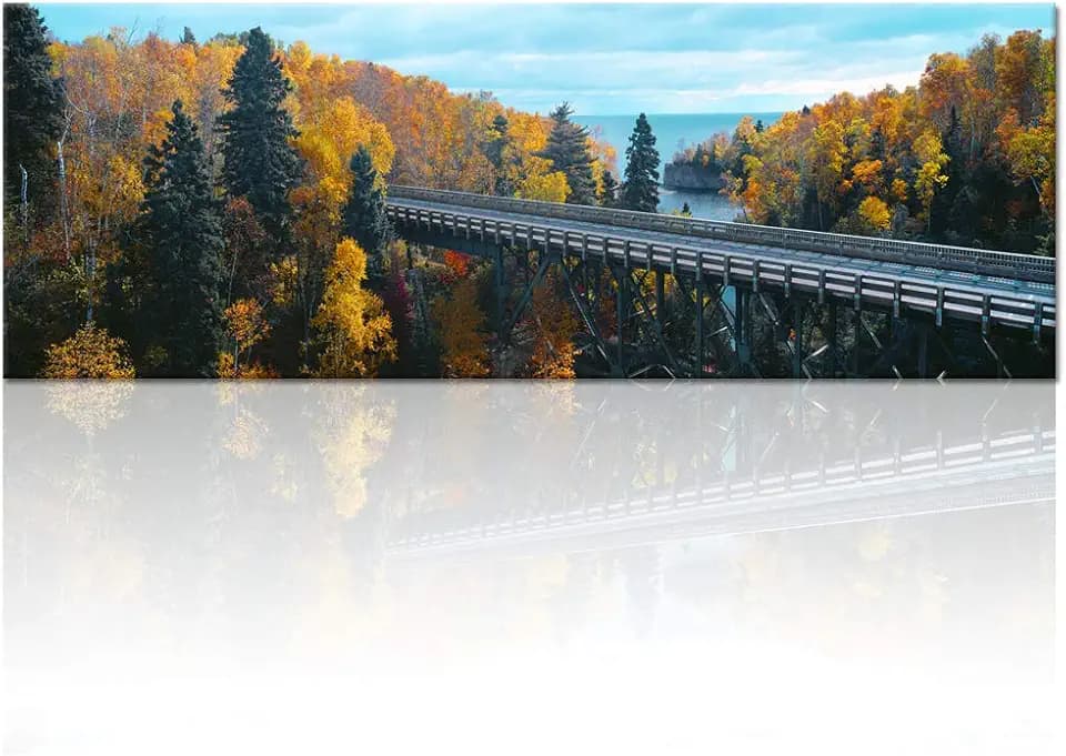 Visual Art Decor Large Autumn Bridge in Forest Sea Picture Fall Nature Landscape Canvas Wall Art Prints Gallery Wrap Artwork for Home Living Room Bedroom Office Decoration