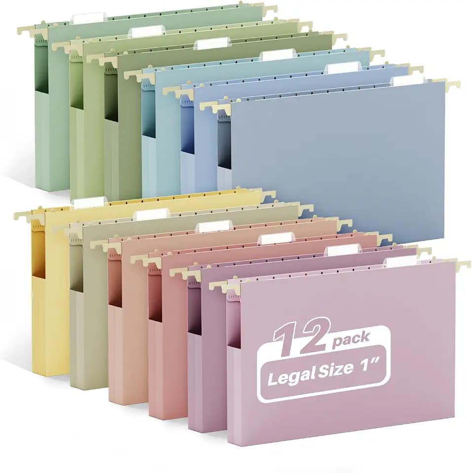 Ansook Plastic Legal Size Hanging File Folders, 12 Pack, Pastel Colors