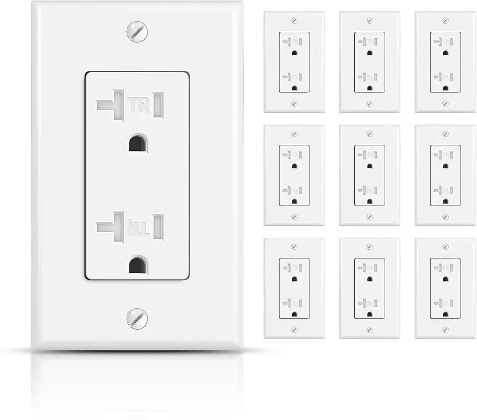 TOPELER 10Pack Decorator Receptacle Outlet, 20A Tamper-Resistant Electrical Wall Socket, Residential Grade, Self-Grounding, 2-Pole 3-Wire, Wall Plate Included, UL Listed, White