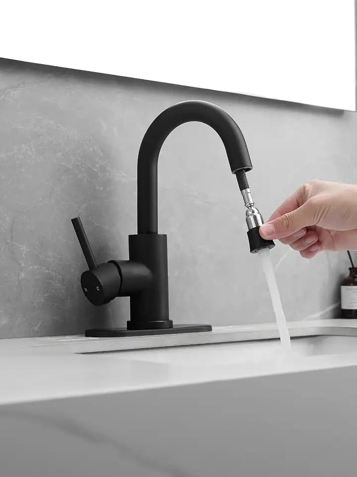 Black Bathroom Sink Faucet with Pull Out Sprayer for 1 Hole,Bar Sink with Pop-Up Drain,Single Handle Small Kitchen Faucet with 4 in Deck Plate,360°Swivel Faucet for Farmhouse Vanity