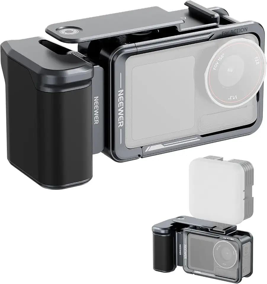 NEEWER Cage und Side Handle Set kompatibel mit DJI Osmo Action 5 Pro / 4/3, Schutzvorrichtung aus Metall mit magnetischer Adapterhalterung, Cold Shoe Shutter Extender Bar, dunkelgrau, AC014+AC034
