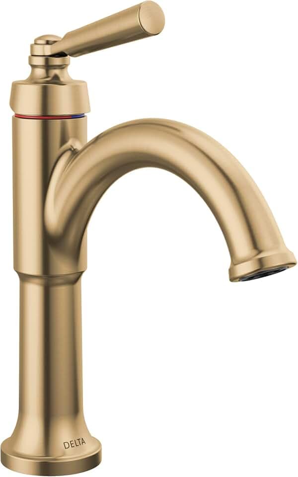 Delta Faucet Saylor Single Hole Bathroom Faucet, Gold Bathroom Faucet, Single Handle Bathroom Sink Faucet, Diamond Seal Technology, Drain Assembly, Champagne Bronze 535-CZMPU-DST