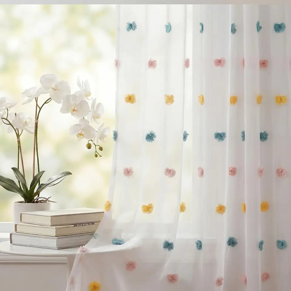 Horaldaily 2Pcs White Sheer Curtains 52x84in, Pink Blue Pom Pom, Boho