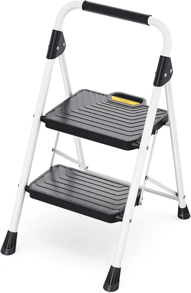 TOOLF 2 Step Ladder, Folding Portable Ladder with Anti-Slip Pedals, White