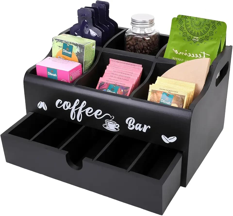 Kaffeestation Organizer für Arbeitsplatte, Holz Kaffee Bar Zubehör mit Schublade, abnehmbare Kaffeeschale Halter und Zucker Ergänzung