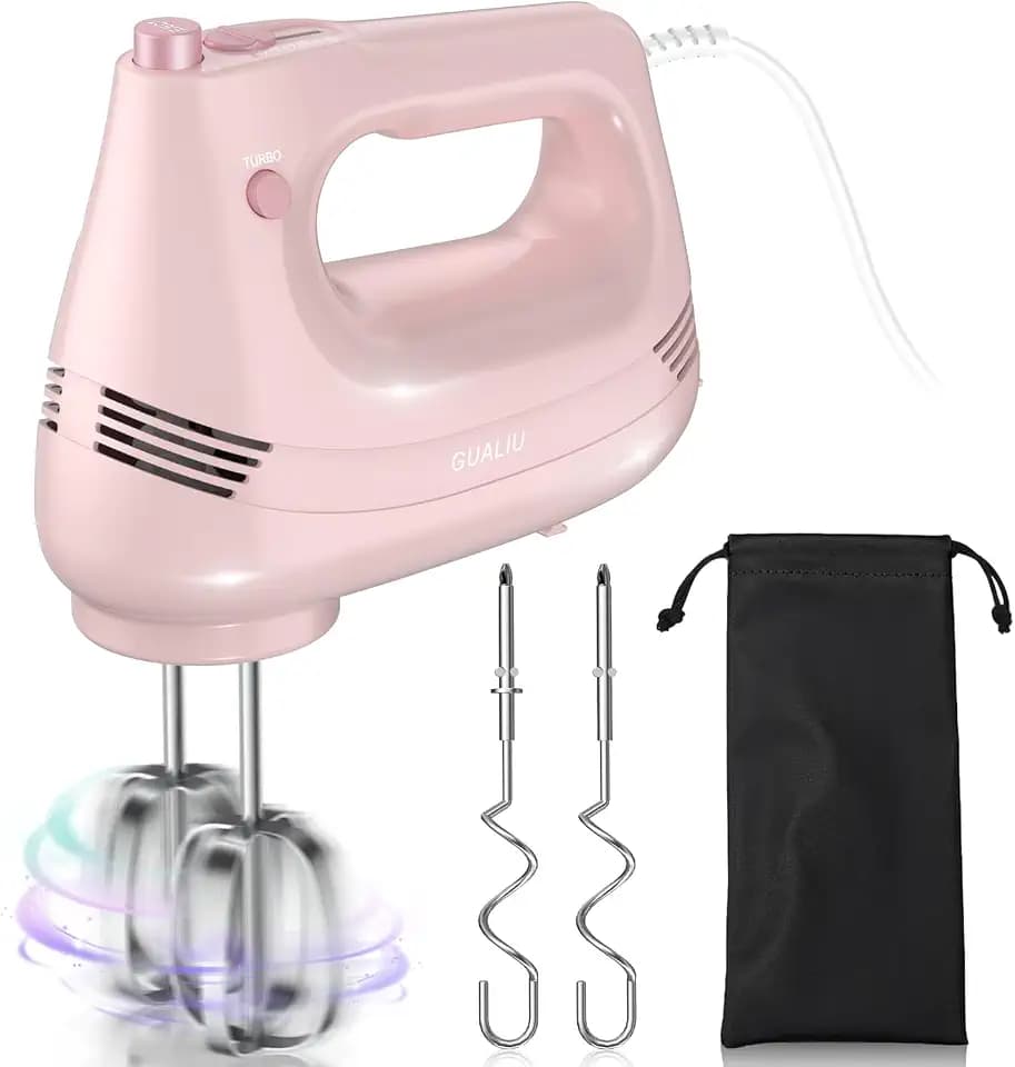 GUALIU Electric Hand Mixer, 304*(2* Beaters, 2* Dough Hooks), (1* Storage Bag) Handheld Mixer for Baking Cakes, Eggs, Cream Food Mixers, Turbo Boost /5 Speed Kitchen Blender PINK