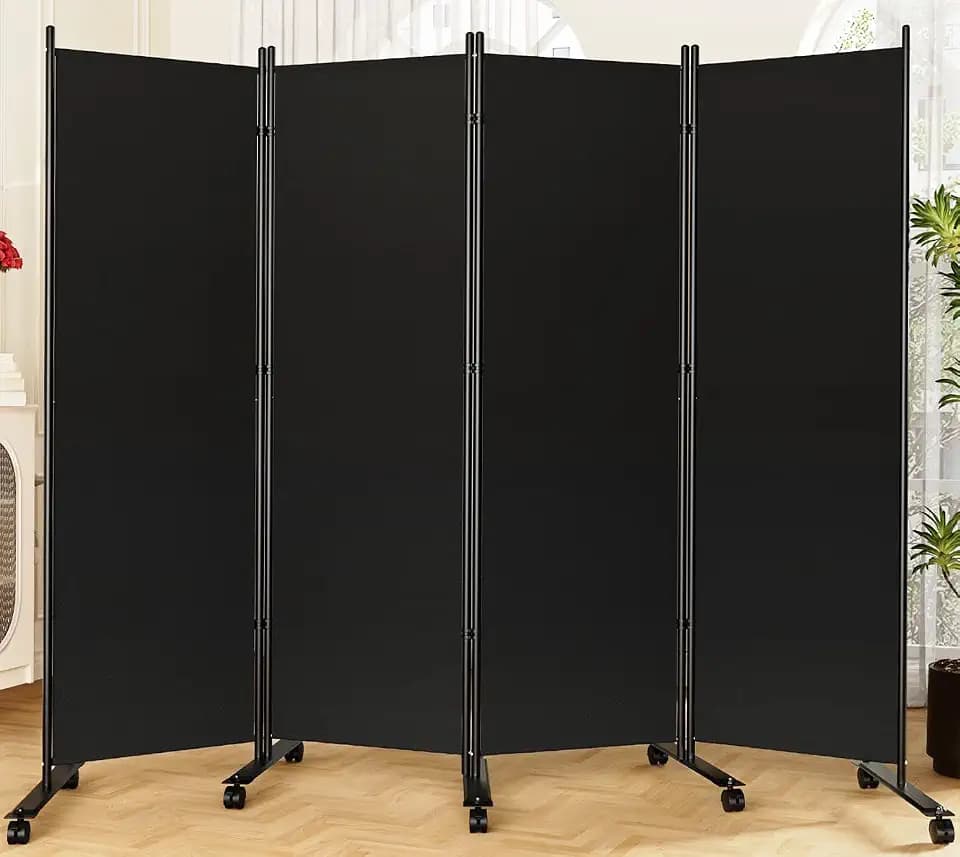 SUNALLY Room Divider Privacy Screens, 4 Panels Dividers with Wheels, Black