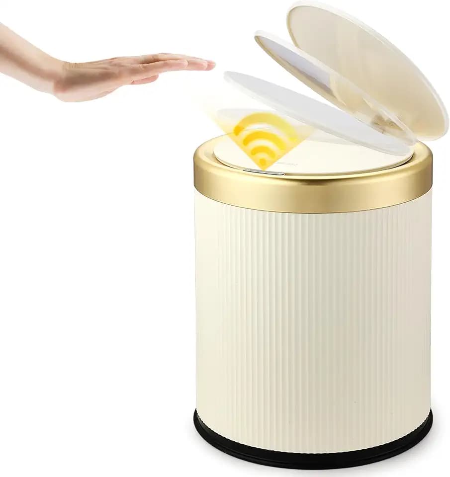 Automatic Bathroom Trash Can with Lid, Touchless Trashcan White Gold