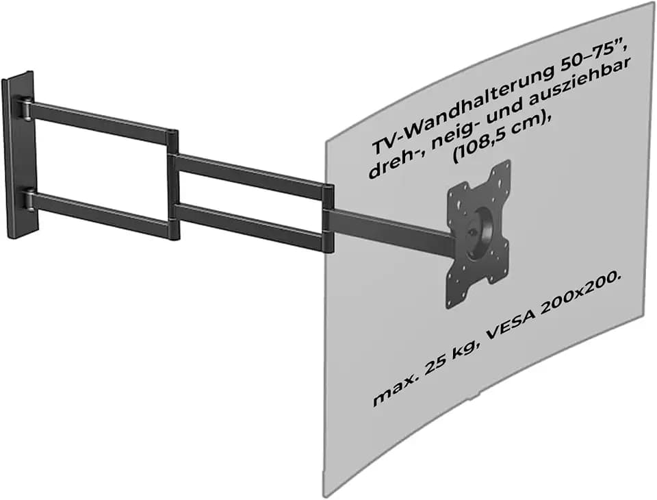 Axis XL 108,5 cm TV Wandhalterung mit extra langem Gelenkarm 50 Zoll Biz 75 Zoll – dreh-, Schwenk-, neig- & rotierbar bis 108,5 cm Auszug, 25 kg Traglast, VESA 200x200 mm, Wandhalterung TV