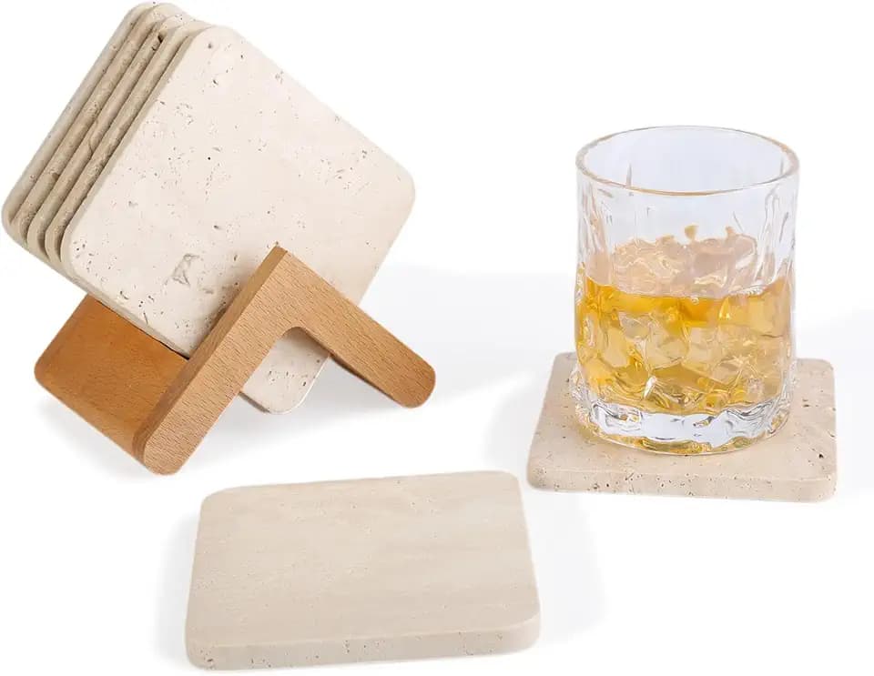 Koville Travertine Coasters Set of 5, Square Coasters with Holder for Drinks, 4" Cup Coaster for Coffee Table Home Office Bar Decor, Heat Resistant Natural Stone Drink Coaster(Beige)