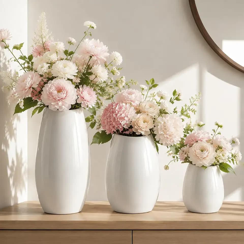 hjn Ceramic Vase Set of 3 White Flower Vase for Home Decor, Modern Decorative Vases for Flowers/Ideal Shelf Decor/Table/Living Room/Kitchen/Office-White