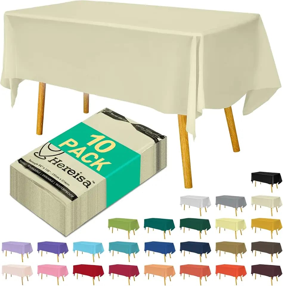 Disposable Ivory Plastic Tablecloth 54x108 Inch, 10-Count Waterproof Rectangle Table Cover for Events, Catering