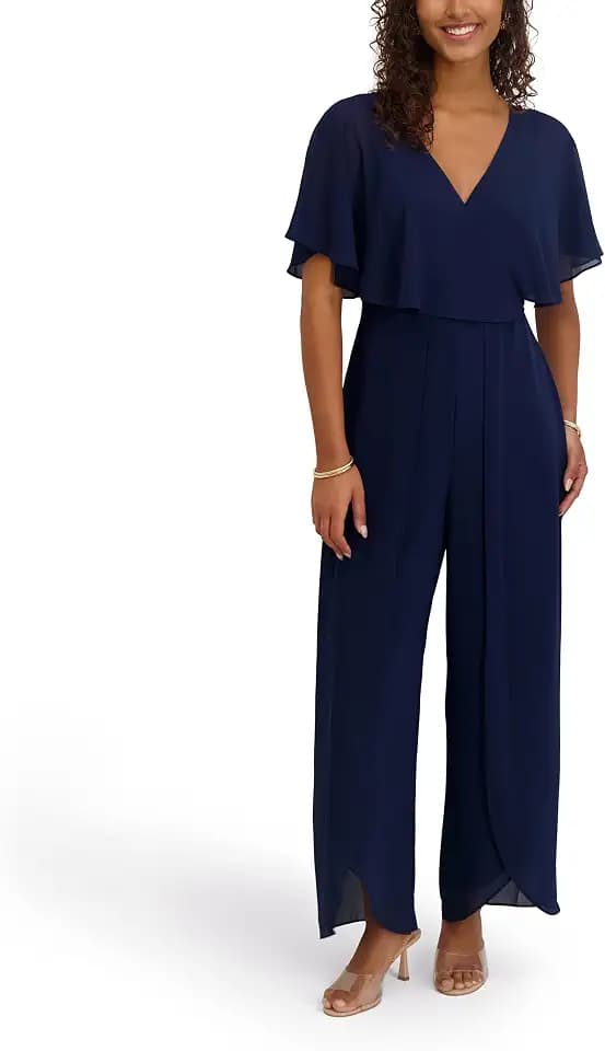 kensie Women's Short Sleeve Ankle Length Souflee Crepe Jumpsuit