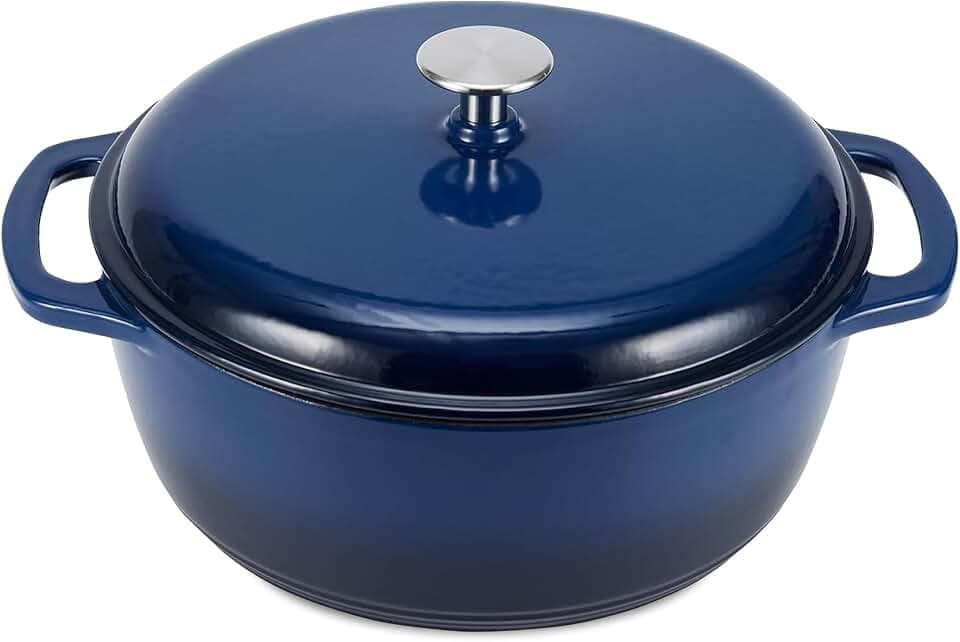 Amazon Basics Enameled Cast Iron Dutch Oven Pot With Lid, 7.3-Quart, Round, Dual Handles, Heavy-Duty, Oven Safe for Stews, Roasting & Baking, Navy