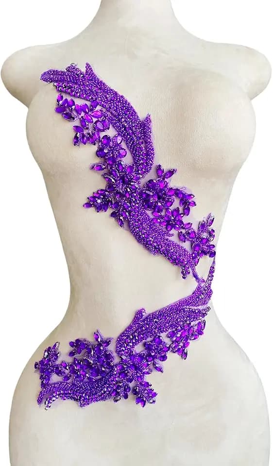 1 Pair Handmade Beaded Crystal Patches Bodice Lace DIY Applique Patches Accessory for Dress Clothes 35X12cm (Purple)