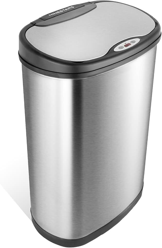 Ninestars 13 Gallon Oval Automatic Trash Can, 50L Touchless Motion Sensor Kitchen Garbage Can with Odor-Sealing Lid, Silver Stainless Steel