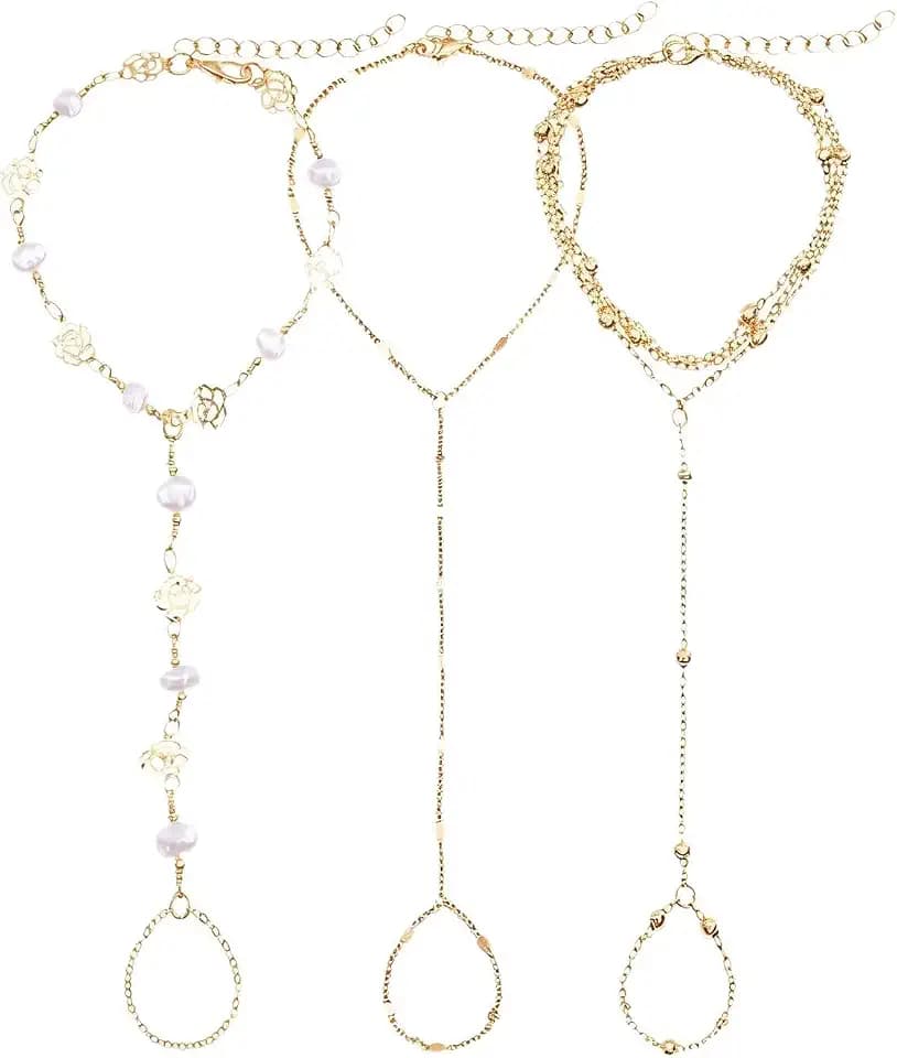 3Pcs 14K Gold Plated Hand Chain Bracelets for Women, Gold Ring Bracelet Hand Chain Set, Dainty Cubic Zirconia Stackable Finger Bracelet Gift