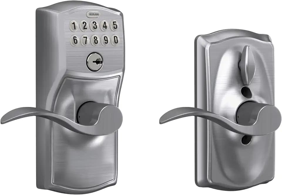 Schlage Electronic Keypad Lock, Lever Handle, Camelot Trim, Satin Chrome