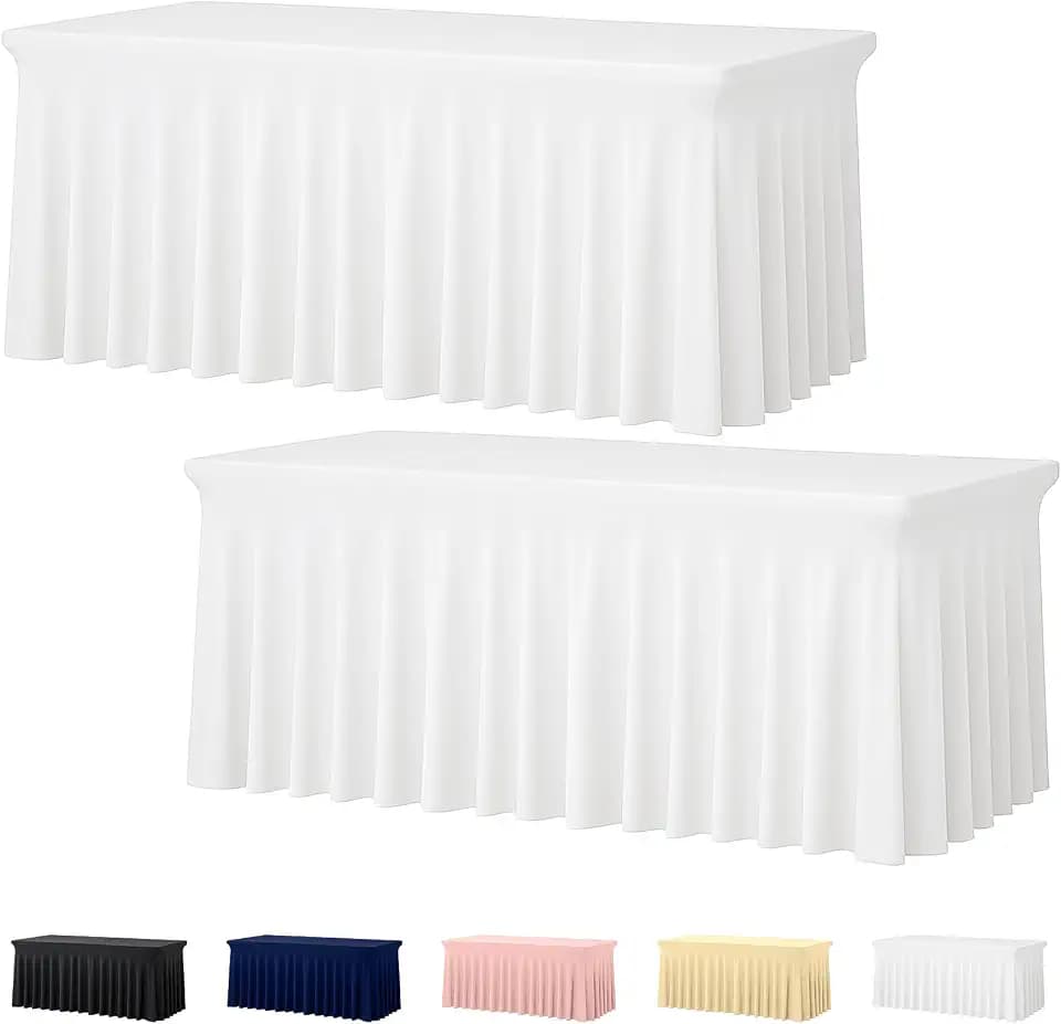 Deep Dream 2 Pack White Spandex Table Covers 6 Foot, Fitted Stretch Tableclothes 30x72 Inch, Wrinkle Free 6FT Fitted Table Clothes with Skirt for Party, Banquet, Wedding and Events