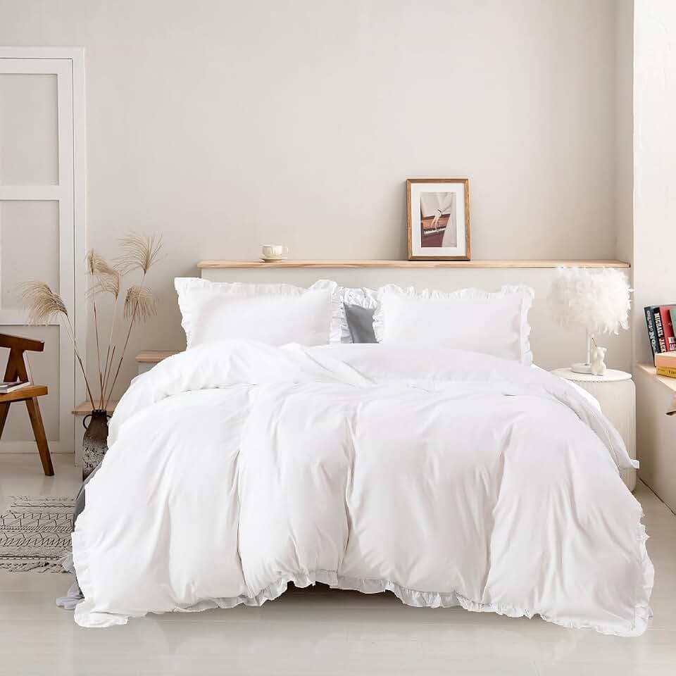Luxlovery White Ruffle Comforter Set Full Farmhouse Boho Bedding Comforter Set Plain White Shabby Chic Solid Blanket Quilts Vintage Rustic Bedding Set with Ruffles for Full Bed