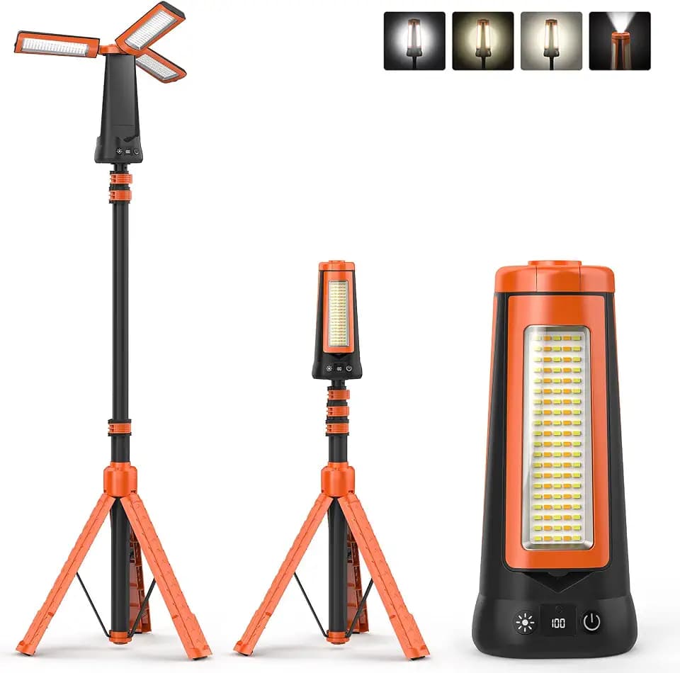 Rechargeable Camping Light with Stand 7 ft Max Height, 15000mAh Portable Cordless LED Work Light, 5500 Lumen 6500/4500/3500K Dimmable Emergency Flashlight with Detachable Tripod, Orange