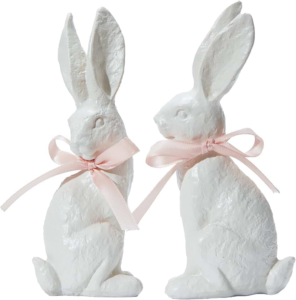 WDS WONDROUS Easter Decorations Bunny Figurines Set, Realistic Bunnies 2-Pcs White Resin Textured with Pink Bow, Nordic Spring Farmhouse Tabletop Decor Gift for Mantel Shelf Home Office