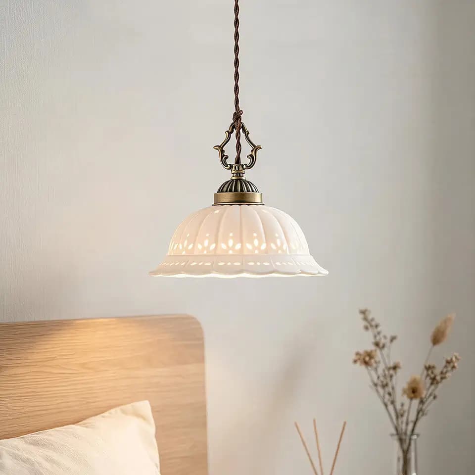 Ceramic Pendant Light 1-Light Adjustable Cord Industrial Ceiling Hanging Light Brass Vintage Chandelier for Kitchen Island Bar Dining Room Bedroom Foyer Hallway Farmhouse