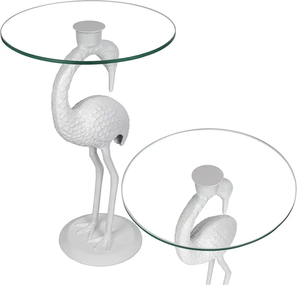 JONATHAN Y Blanche 25" Round Glass Top Flamingo Side End Table, White