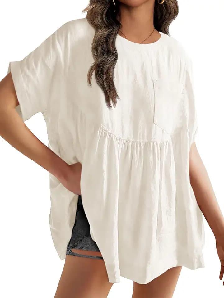 Tankaneo Womens Summer Babydoll Tops Peplum Oversized Tunic Shirts