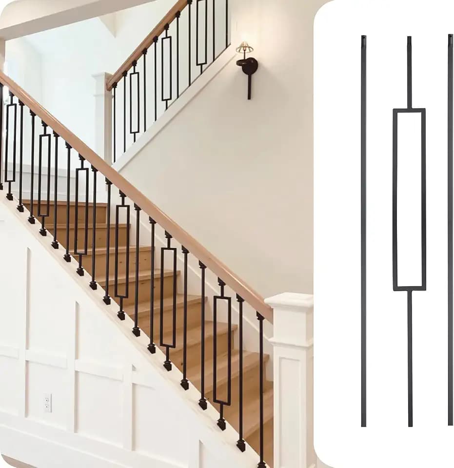 30Pack Wrought Iron Balusters 44 Inches Deck Balusters Combine 1/2" Square Plain Bar Balusters,10 Single Rectangle with 20 Single Straght Metal Balusters Hollow Satin Black, GRMIKBU GB04-30