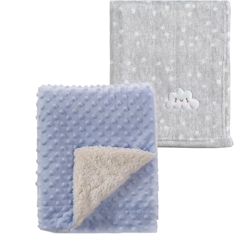 CREVENT 2Pcs 30''X40'' Cute Cozy Fluffy Warm Baby Blankets for Infants Toddlers' Bedding Crib Cot Stroller - Grey Cloud + Blue Sherpa