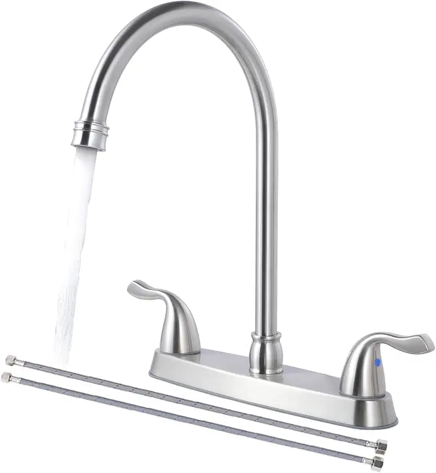 SHACO Kitchen Faucets, 13 Inch High Arc 2 Handle 8 Inch Centerset Kitchen Sink Faucet with Supply Line, 360° Rotating Spout 2 or 3 Hole Mount, Brushed Nickel, SC-KF200