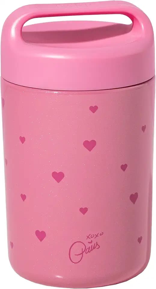 Paris Hilton Stainless Steel Food Jar, Double Wall Vacuum Sealed Insulated Food Storage Container with Carry Handle Lid, 16-Ounce, Pink with Heart Design